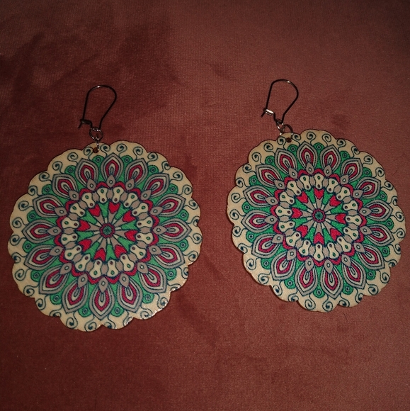 Big Flower Mandala Boho Wood Floral Festival Earrings Pink Turquoise Bohemian - Picture 2 of 8